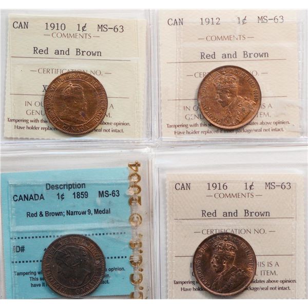 1859 1¢ "N9, Medal", 1910, 1912, 1916.  All 4 coins certified Choice Mint State-63