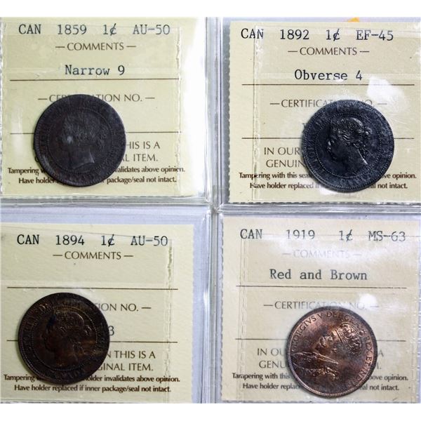 1859 1¢, 1892, 1894, 1919, All 4 coins ICCS graded.  Grades vary Choice Extra Fine-45 to Choice Mint