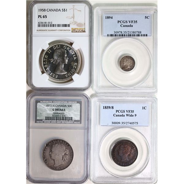 1859/8 1¢ Wide 9 PCGS Choice Very Fine-35, 1894 5¢ PCGS Choice Very Fine-35, 1872H 50¢ NCS G Details