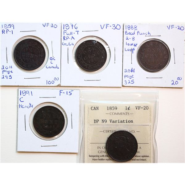 1859-1891 1¢,  Group of 5 pieces with better varieties.  Includes scarce and seldom seen pieces.  Al