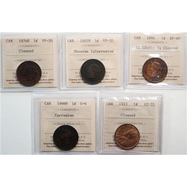 1876H, 1882H "Obv.2", 1891 "LL LD; Obv 3", 1898H, 1913. All 5 coins ICCS grated Good-6 to Choice Abo