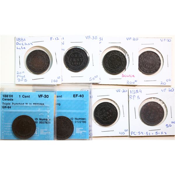 1881H 1¢,  Group of 8 pieces with better varieties.  Includes scarce and seldom seen pieces.  All id