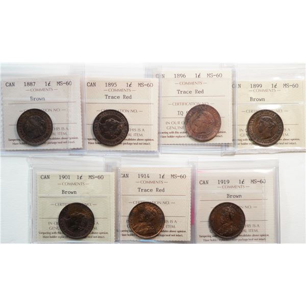 1887 1¢, 1895, 1896, 1899, 1901, 1914, 1919.  All 7 coins ICCS Mint State-60