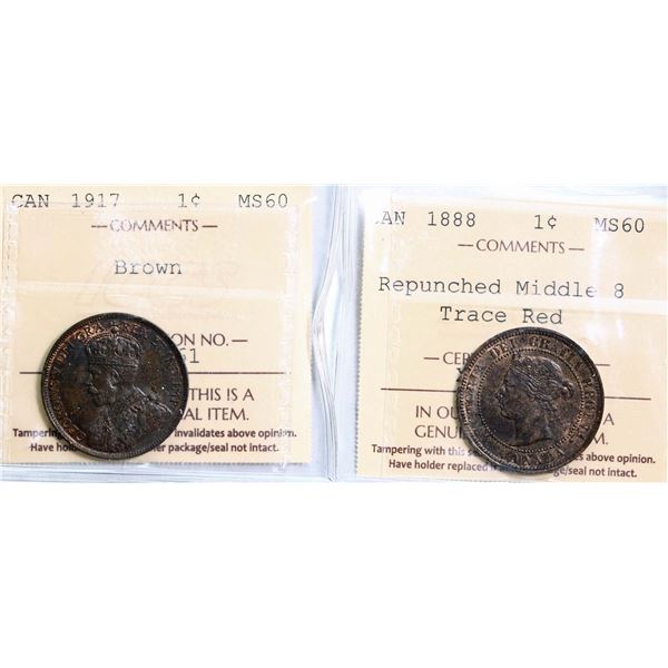 1888 1¢ Repunched Middle 8 Trace Red, 1917 1¢ Brown, Both ICCS Mint State-60.