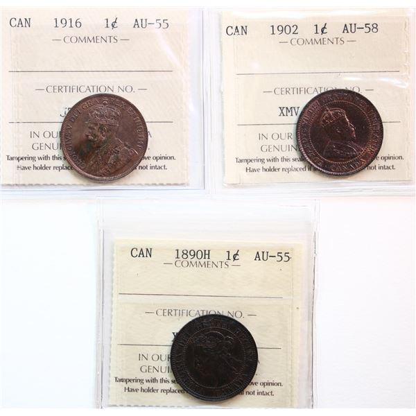 1890H 1¢, 1902, 1916.  Lot of 3 coins ICCS Choice About Uncirculated-55 to Choice About Uncirculated