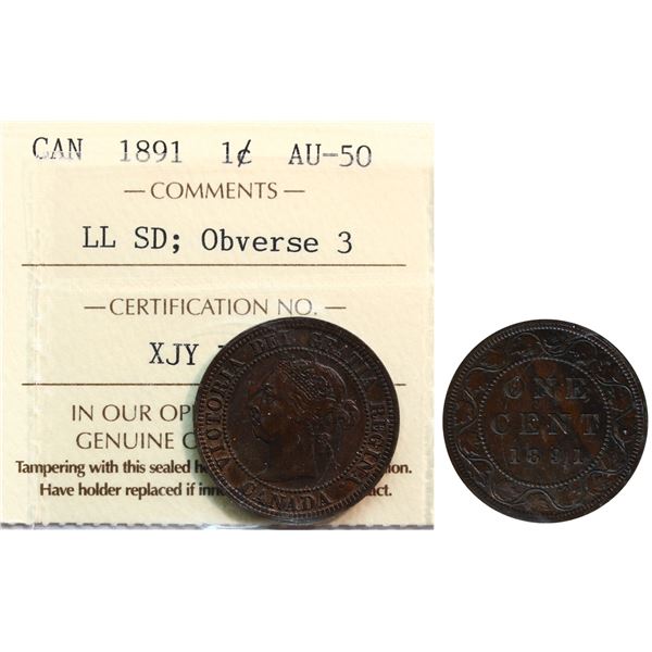 1891 1¢ "LL SD-Obv 3" ICCS About Uncirculated-50
