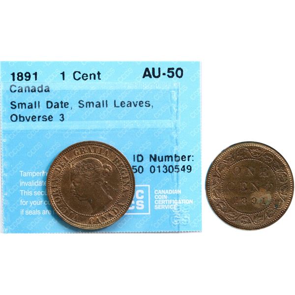 1891 1¢ "SD SL Obv.3 CCCS About Uncirculated-50wite red lustre.  A nice example.