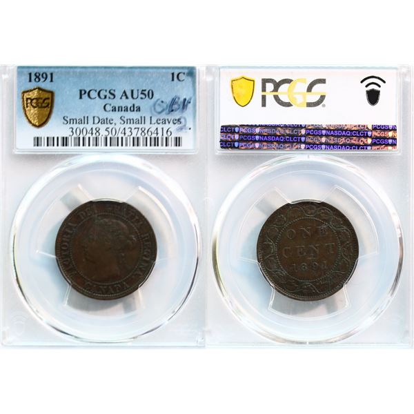 1891 1¢ "Small Date, Small Leaves" PCGS About Uncirculated-50
