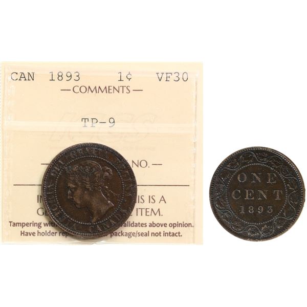 1893 1¢ "TRIPLE PUNCH 9" ICCS Choice Very Fine-30.  Nice chocolate brown example.