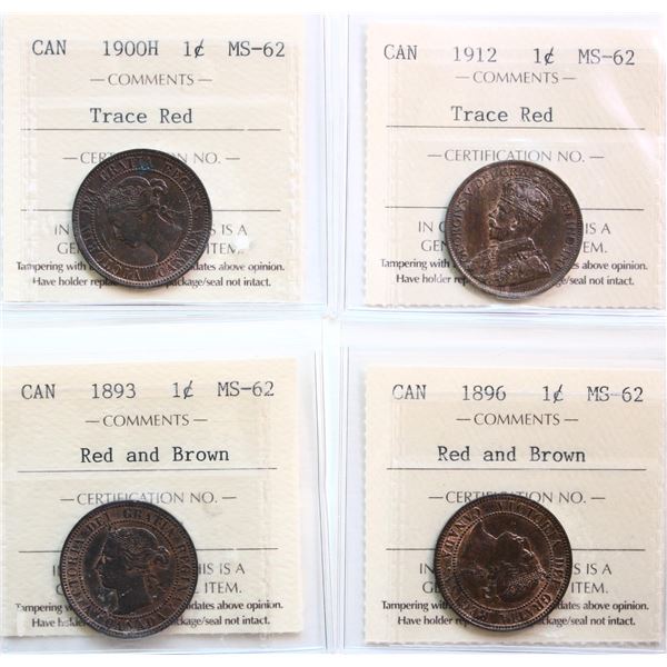 1893 1¢, 1896, 1900H, 1912.  Lot of 4 coins ICCS Choice Mint State-62