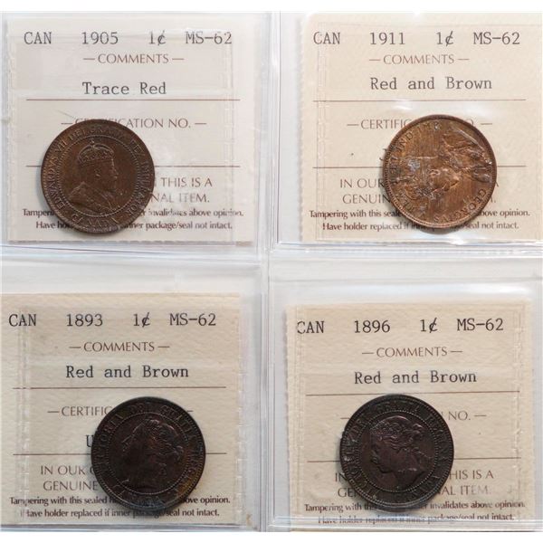 1893 1¢, 1896, 1905, 1911. All 4 coins ICCS Choice Mint State-62