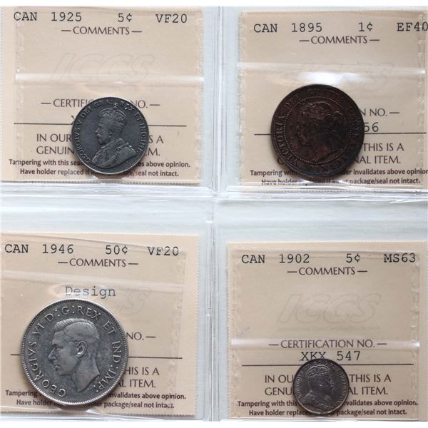 1895 1¢ ICCS Extra Fine-40, 1925 5¢ ICCS Very Fine-20, 1902 5¢ ICCS Choice Mint State-63,1946 50¢ De