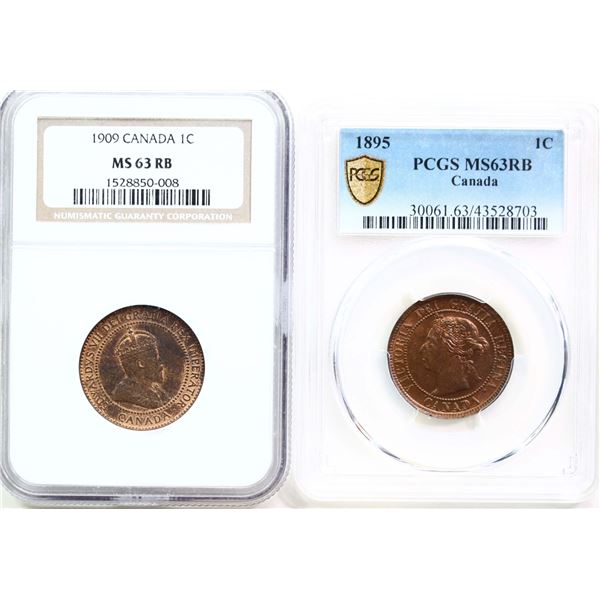 1895 1¢, 1909 Both coins  PCGS/NGC Choice Mint State-63RB, Two very nice and attractive examples.