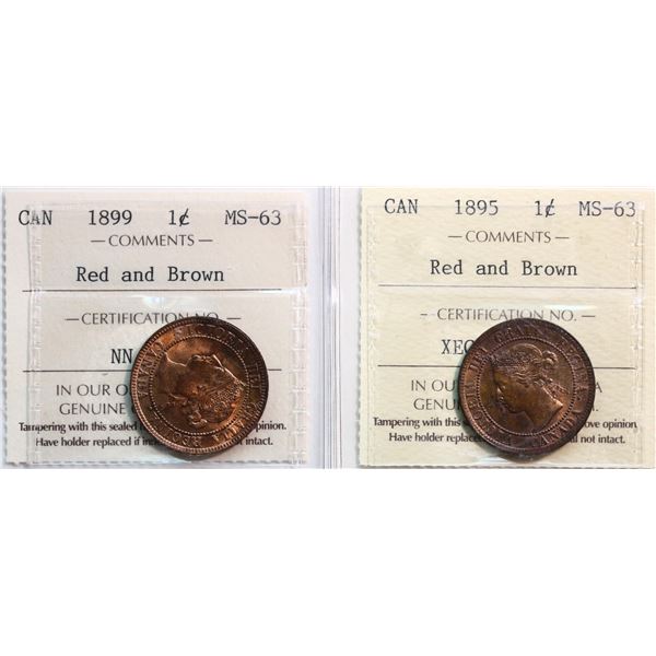 1895 1¢,1899. Both coins graded ICCS Choice Mint State-63RB