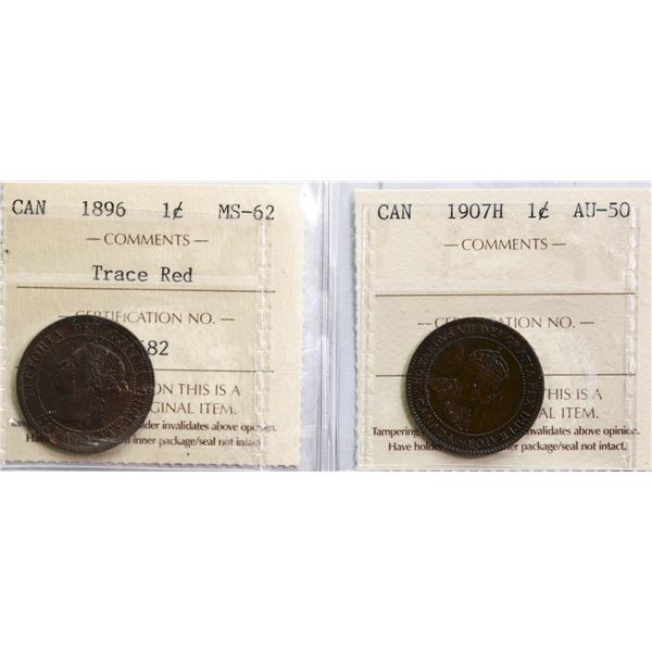 1896 1¢ Choice Mint State-62 Trace Red & 1907H About Uncirculated-50.  Lot of 2 coins.