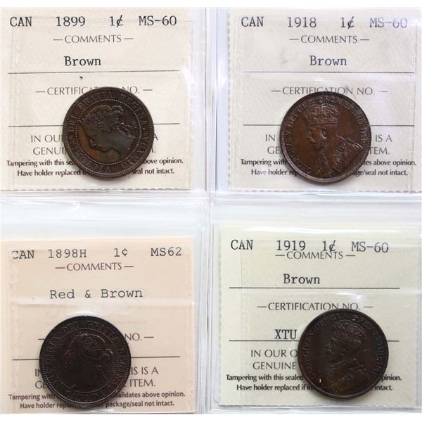 1898H 1¢, 1899, 1918, 1919 All 4 coins ICCS Mint State-60 to Choice Mint State-62.