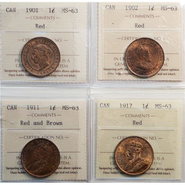 1901 1¢, 1902, 1911, 1917.  All 4 coins ICCS Choice Mint State-63