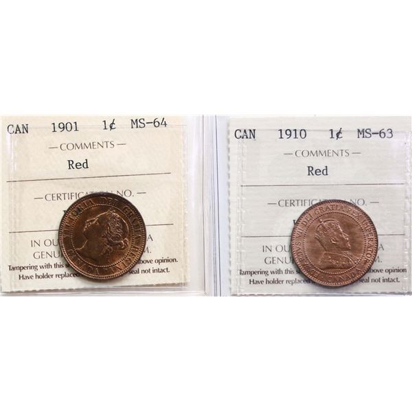1901 1¢, 1910 Both coins ICCS Choice Mint State-64 & Choice Mint State-63 Red respectively.