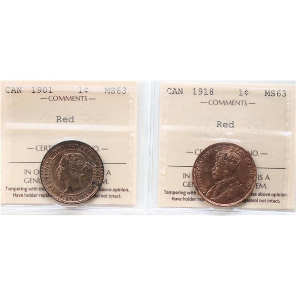 1901 1¢, 1918  Both coins  ICCS Choice Mint State-63 Red