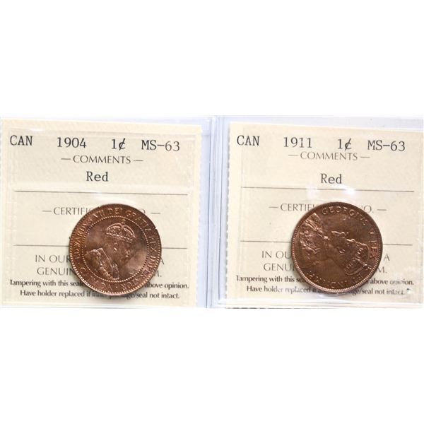 1904 1¢ & 1911 ICCS Choice Mint State-63RD.  Lot of 2 coins.