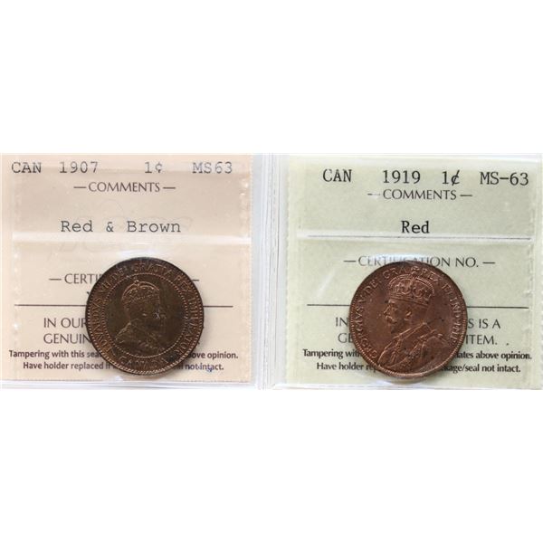 1907 1¢, 1919 Both coins ICCS   Choice Mint State-63