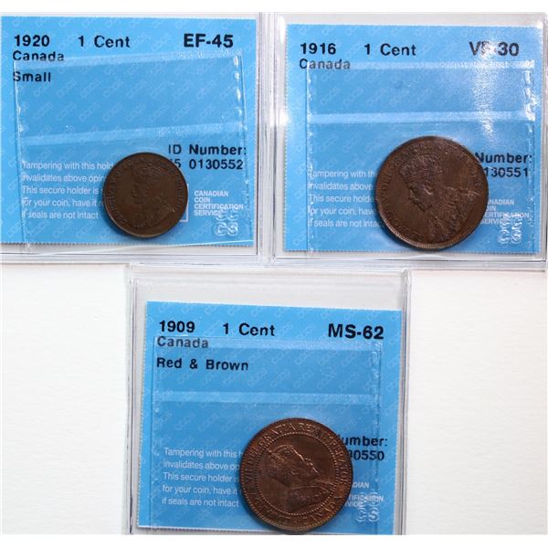1909 1¢, 1920 "Small", 1916.  Lot of 3 coins CCCS VF-30 to Choice Mint State-62.