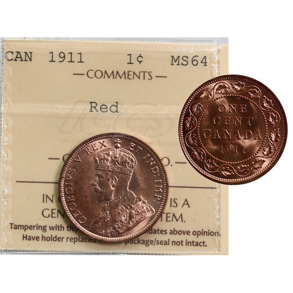 1911 1¢ ICCS Choice Mint State-64 90% Red lustre.