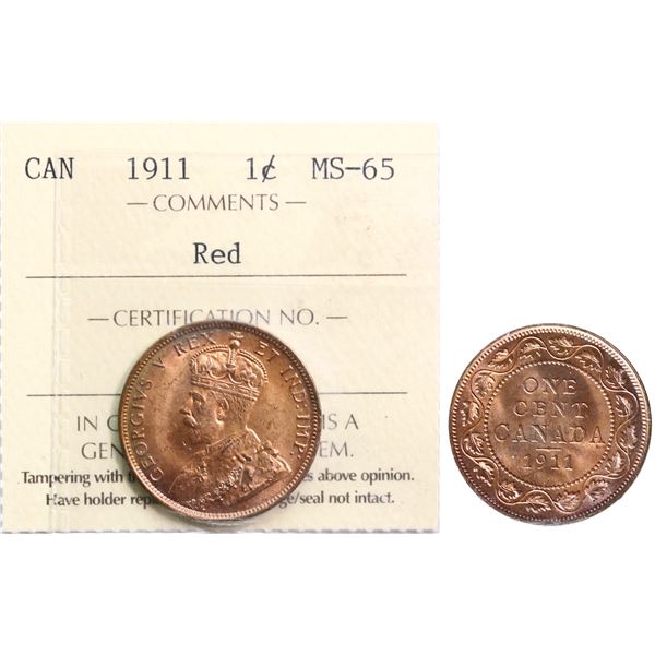 1911 1¢ ICCS Gem Mint State-65 Red  A flashy example.
