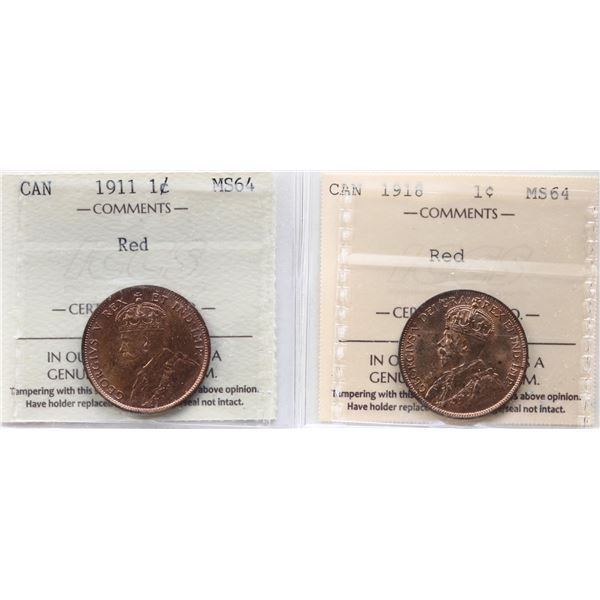 1911 1¢, 1918 Both coins ICCS Choice Mint State-64 Red