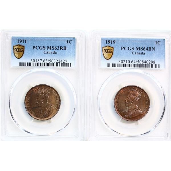 1911 1¢, 1919 Both coins PCGS graded Choice Mint State-63RB & Choice Mint State-64 BN respectively.