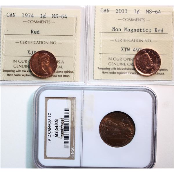 1912 1¢ NGC Choice Mint State-64 BN, 1974 ICCS Choice Mint State-64 red, 2011 "Non Magnetic" ICCS Ch
