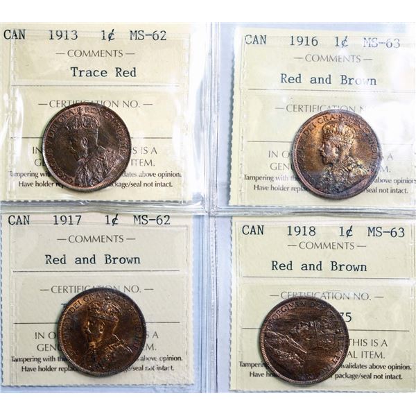 1913 1¢, 1916, 1917, 1918(2) & Nfld 1917c all ICCS graded Mint State-60 to Choice Mint State-64.  Lo
