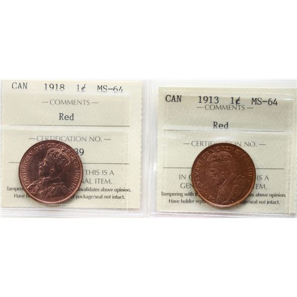 1913 1¢, 1918  Both coins ICCS Choice Mint State-64 Red