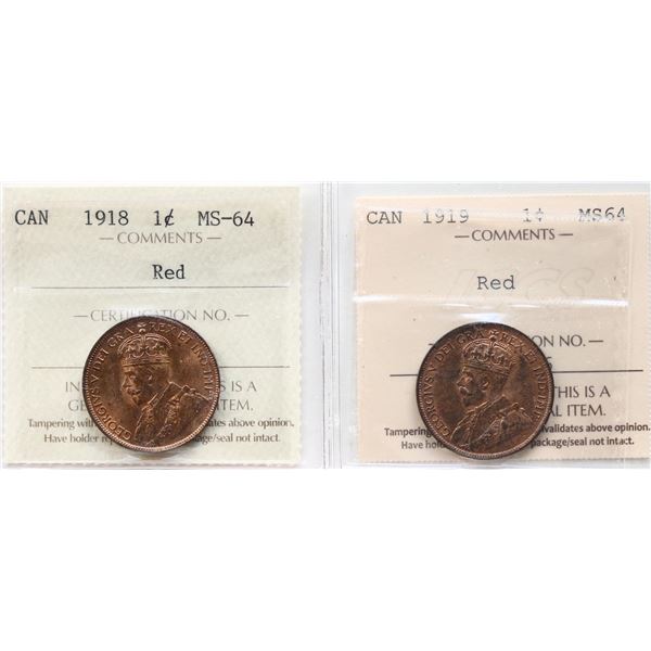 1918 1¢, 1919 Both coins ICCS Choice Mint State-64
