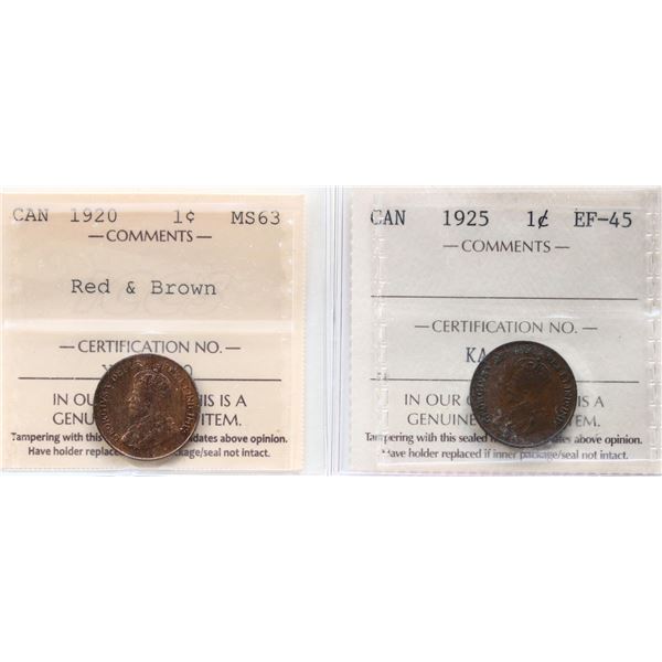 1920 1¢ "Small" ICCS Choice Mint State-63 RB, 1925 ICCS Choice Extra Fine-45, Lot of 2 coins.