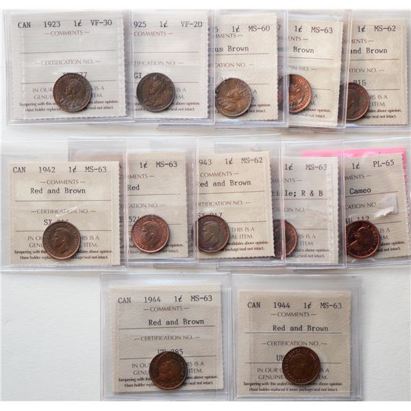 1923 1¢, 1925, 1935, 1937, 1942, 1943 (2), 1944 (3), 1949, 1957. Lot of 12 coins ICCS grated Very Fi