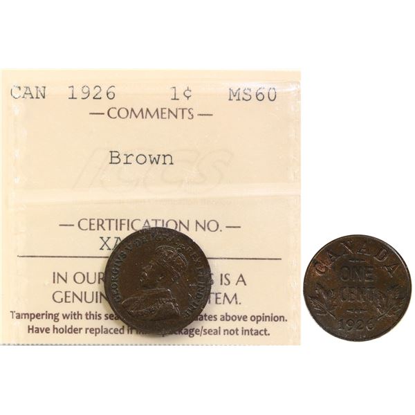 1926 1¢ ICCS Mint State-60BN.  Nice key date example.