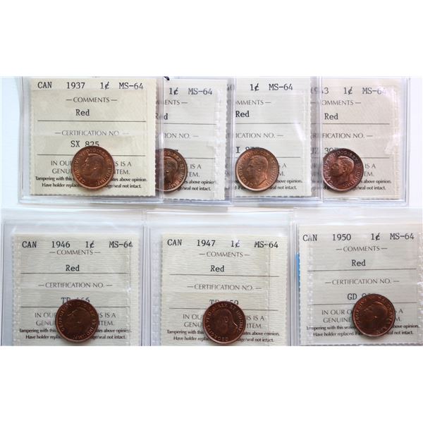 1937 1¢, 1938, 1940, 1943, 1946, 1947, 1950.  Lot of 7 coins all ICCS Choice Mint State-64 Red