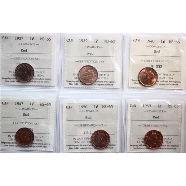 1937 1¢, 1939, 1940, 1947, 1950, 1959.  All 6 coins ICCS Gem Mint State-65 Red