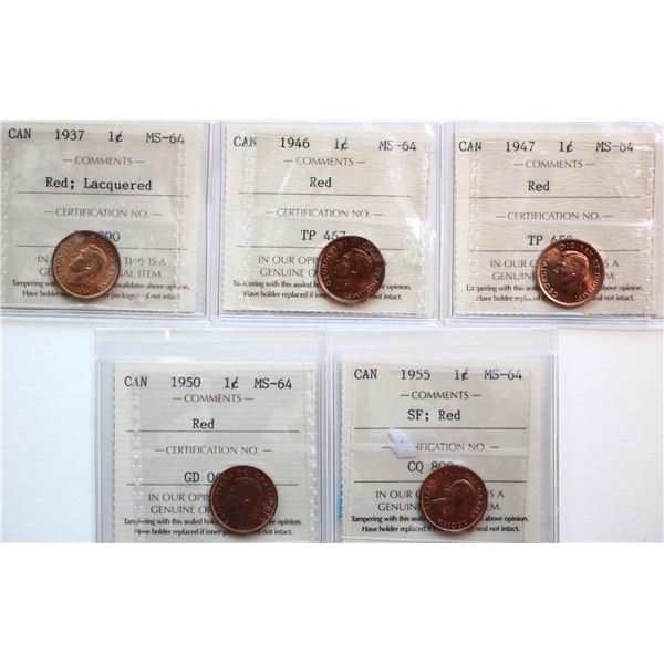 1937 1¢,1946, 1947, 1950, 1955.  All 5 coins ICCS Choice Mint State-64 Red