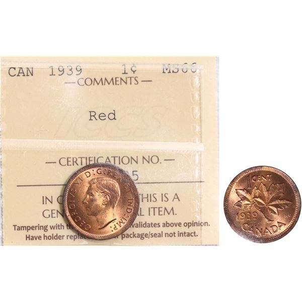 1939 1¢ ICCS Superb Gem Mint State-66 Red 95% Red Lustre.