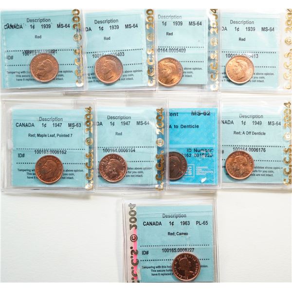 1939-1963 1¢.  All 9 coins CCCS grated Choice Mint State-62 to Gem Proof-Like-65