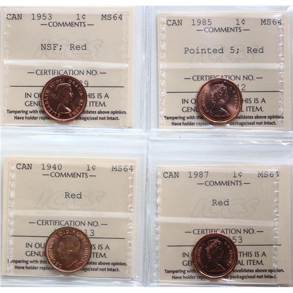 1940 1¢, 1953  "NSF", 1985 "Pointed 5", 1987,  Lot of 4 coins ICCS Choice Mint State-64 Red.