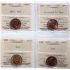 Image 1 : 1940 1¢, 1953  "NSF", 1985 "Pointed 5", 1987,  Lot of 4 coins ICCS Choice Mint State-64 Red.