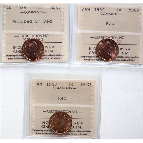 1940 1¢, 1985 "Pointed 5" Both coins ICCS Gem Mint State-65 Full red.