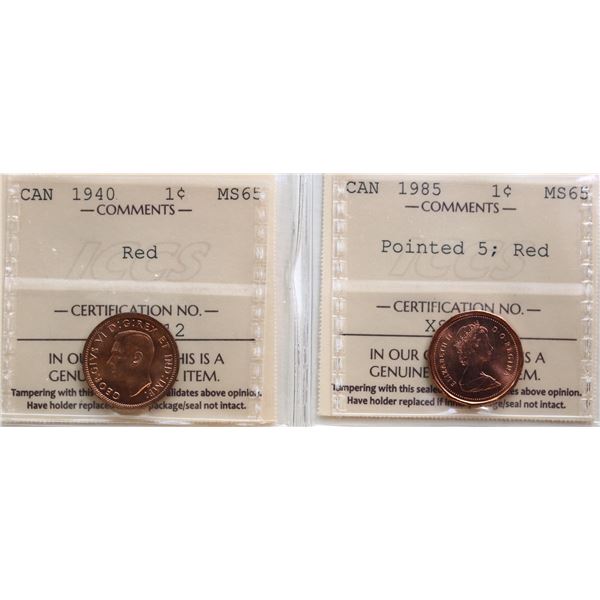 1940 1¢, 1985 "Pointed 5", 1989,  Lot of 3 coins ICCS Gem Mint State-65 Full red.