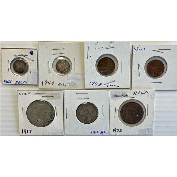 1948 1¢, 1954, Nfld 1920 1¢, 1908 5¢, 1940 5¢, 1912 20¢ & 1917 50¢ all circ issues.  See Pic.