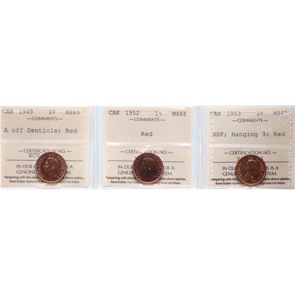 1949 1¢ "A off", 1952, 1953 "NSF - Hanging 3",  Lot of 3 coins ICCS Gem Mint State-65 Red.