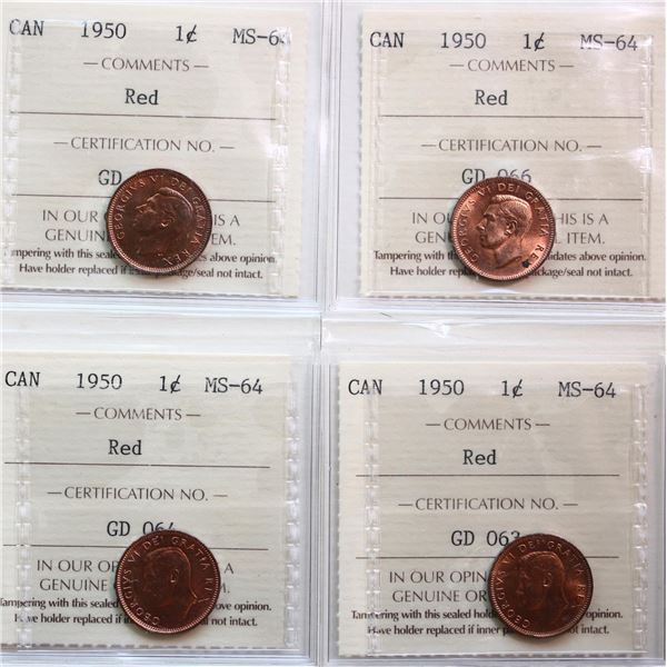 1950 1¢ (4).  Lot of 4 coins all certified ICCS Choice Mint State-64 Red