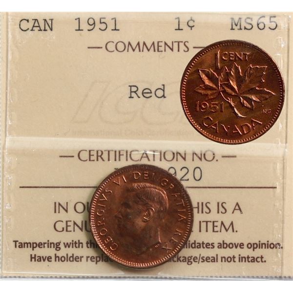 1951 1¢ ICCS Gem Mint State-65 Red